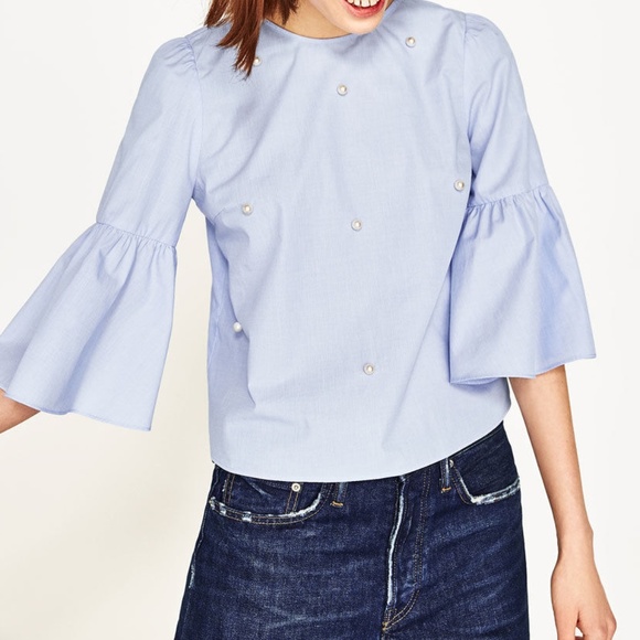 Zara Tops - New Zara Top Blouse Blue Bell Sleeve Pearl L XL